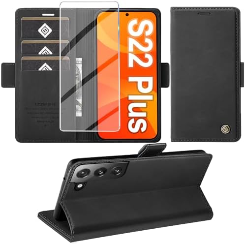 Giyer für Samsung Galaxy S22 Plus Hülle mit Schutzfolie, Handyhülle Standfunktion Kartenfach Wallet Premium Leder Schutzhülle S22 Plus 5G Flip Case Cover Stoßfeste Klapphülle (Schw