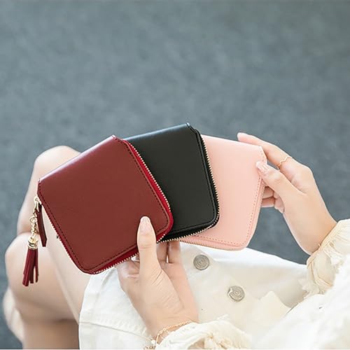Women Girl Mini Wallet | Square Zip Purse with Tassel | Credit Card Holder | Simple | Clutch Bag (Black), Pink2