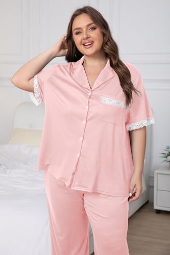 Image of Vozanet Women Short Sleeve Long Pants Pajama Sets Lace Trim Button Down Sleepwear Plus Size Knit Loungewear Sexy Nighty
