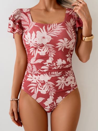 Image of Eomenie Women's Tummy Control One Piece Swimsuit Ruffle Square Neck Bathing Suit Ruched Cutout Back Slimming Swimwear