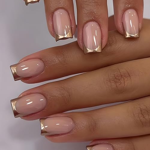 Gold French Tip Press-on Nails - Medium Square Nude Pink Glitter ...