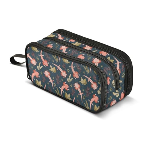 Image of Cute Axolotl Salamander Pencil Case Big Capacity Handheld 3 Compartments Pencil Pouch Portable Large Storage Canvas Pencil Bag for Boys Girls Adults Students