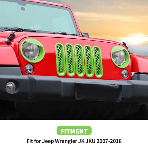 Image of Mesh Grille Grill Insert+ Headlight Turn Light Cover Trim Fit for 2007-2018 Jeep Wrangler JK JKU Style A(Green)