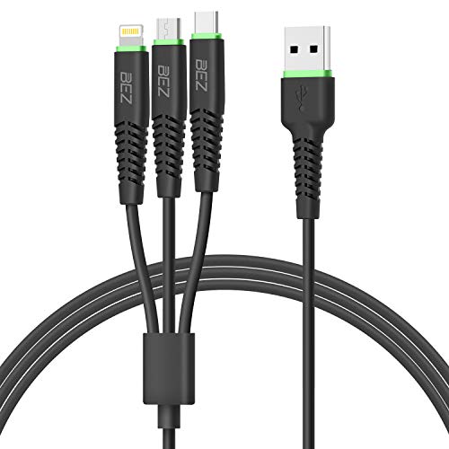 BEZ Multi-Ladekabel, 1,2m TPE Material 3-in-1 Multi-USB-Kabel mit iP Micro USB Type-C Anschluss für iPhone 11, X, 8, 7, 6 Android Galaxy S Galaxy A, Galaxy J, Huawei, Xiaomi, LG - Schwarz
