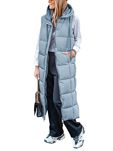 Zwurew Women's Long Quilted Vest Hooded Sleeveless Puffer Vest Jacket Full-Zip Padded Coat Winter Outerwear #TOP29
