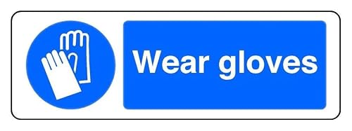 Image of Wear gloves - safety sign - High tack self-adhesive sticker (150mm x 50mm) Viewing Distance within 3m.