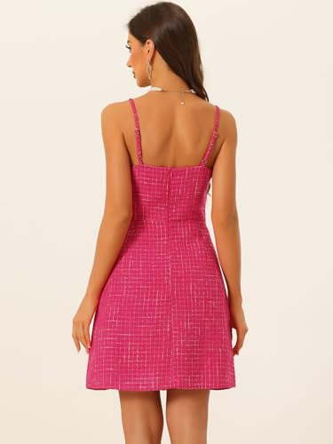 Image of Allegra K Plaid Dress for Women's Button Decor Spaghetti Strap Tweed Dresses
