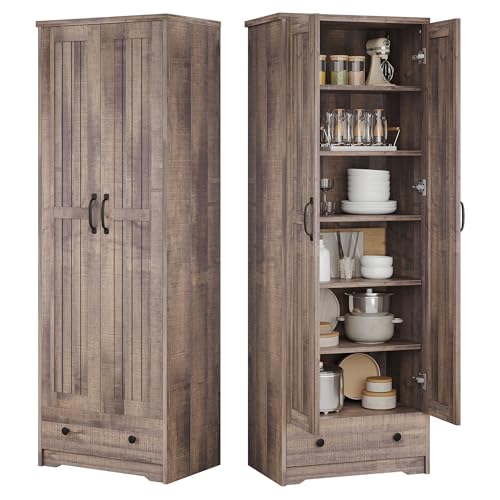 Image of Decofy 70" Tall Storage Cabinets, Large Wood Storage Pantry Cabinet with 6 Adjustable Shelves, 2 Striped Doors & Drawer, Standing Utility Cabinet for Kitchen, Bathroom, Dining Room, Antique (Brown)