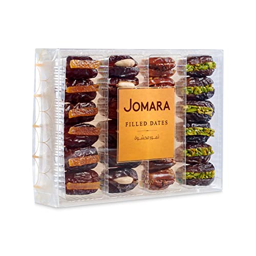 Jomara Assorted Filled Dates (w/Pistachio, w/Almond, w/Pecan, w/Orange), 14.1oz (400g), Natural Dried Dates, Healthy Snacking, Fiber and Antioxidants Natural Source