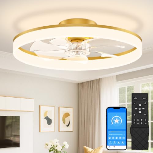 Image of VOLISUN Low Profile Ceiling Fans with Lights and Remote, 24in Fandelier Ceiling Fan Flush Mount, 3000K-6500K Smart Bladeless LED Fan Light, Gold Modern Ceiling Fans with Lights for Bedroom