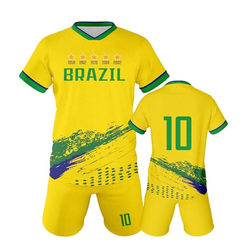 Soccer Jersey Kit Kids #10 National Team Boys Soccer Jersey/Shorts Football Shirt Set Girls Gift for Soccer Fans Yellow