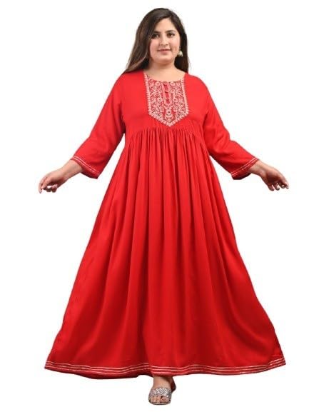 Plus Size Red Embroidered Rayon Anarkali Gown Kurta for Women | Ethnic Flared Maxi Dress | 3XL to 10XL-image-10