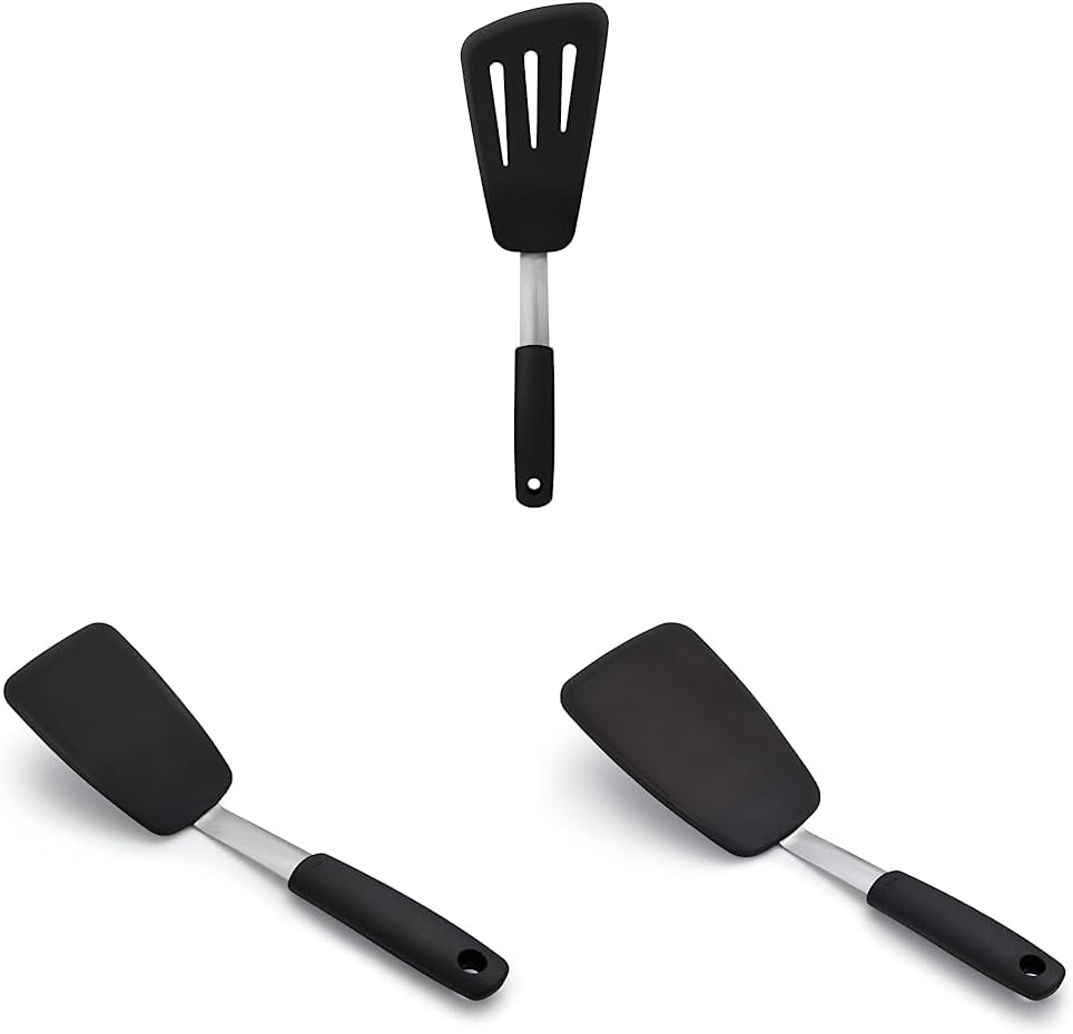 OXO Good Grips Silicone Flexible Turner Set - Small Black, Large Stainless Steel, and Omelet Turner