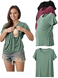Rnxrbb Women Short Sleeve Nursing Tops for Breastfeeding T Shirts Summer Maternity Nursing Shirt Clothes 3 Pack Double Layer,Deep Purple&Deep Gray&Grayish Green L