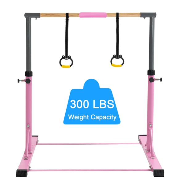 BGTR Gymnastics Training Bar with Handgrips, 5FT/6FT Adjustable Height Gym Equipment, Pink Gymnastics Kip Bar for Kids and Teenager Ages 3-15, Gymnastic Horizontal Bar for Gymnast