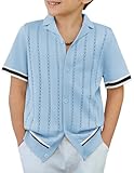 Arshiner Boys Knit Shirts Short Sleeve Button Down Shirt Vintage Fashion Casual Summer Beach Shirts for Kids 4-13 Years Light Blue