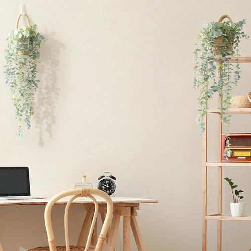 Fake Hanging Plant Decor Indoor, Eucalyptus Artificial Faux Plants in Wall Woven Planters, Jute Hanger with Black Pot Soft Green 1PCS 23Inch Long - Image 2