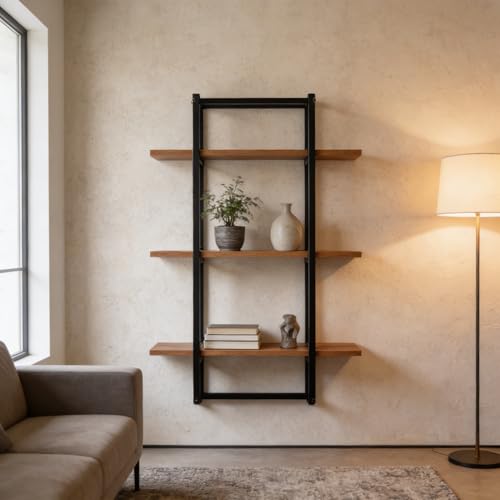 Image of Mighty Home Floating Wall Shelf with Black Metal Frame, Wooden Wall-Mounted Shelves for Books, Plants & Decor, DIY Organizer for Home & Office, Brown, 3-Tier