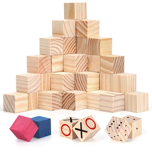 Winter Shore Bloques Madera de 2,5 cm (Pack de 50) - Madera Manualidades Inacabados para Decorar Cubos Numéricos, Alfabéticos, Puzzle - Se Pueden Pintar, Madera Natural Inacabada