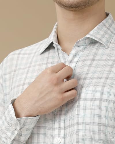 Image of Linen Club Men's Pure Linen Blue Checked Contemporary Fit Half Sleeve Casual Shirt