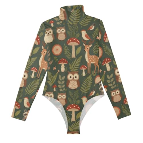 Body de manga larga para mujer estampado hongos animales bosque GuoChe ropa casual