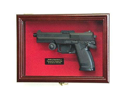 Single Pistol Display Case Wall Mount Solid Hardwood Cabinet (Cherry Finish, Red Felt Background)