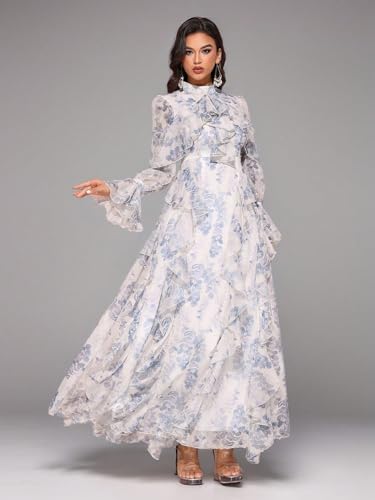 Image of TOLEEN Summer Casual Dresses for Women 2024 Spring Fashion Boho V Neck Long Sleeve Ruffle Floral Print Elegant Maxi Dress