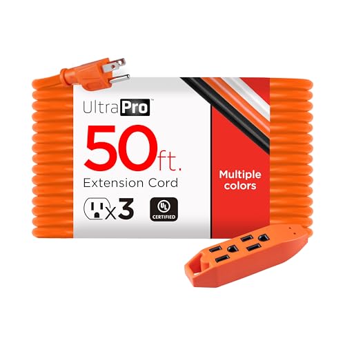 UltraPro 50 Ft Indoor Extension Cord 3 Outlet Power Strip Short Extension Cord with Multiple Outlets Grounded Heavy Duty 16 Gauge ETL Listed Orange 51926