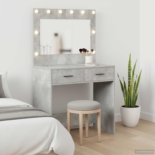 zylophax Tocador hormigón gris madera con iluminación LED y cajones 78,5 x 41 x 135 cm moderna mesa cosmética para dormitorio, vestidor y habitación juvenil