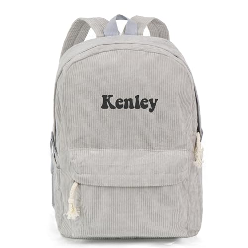 MT WORLD Kids Corduroy Backpack Personalized Toddler Backpacks for Boys - Custom Grey Toddler Bookbag with Embroidered Name - Infant Daycare Bag for School Travel - Fit for Folder