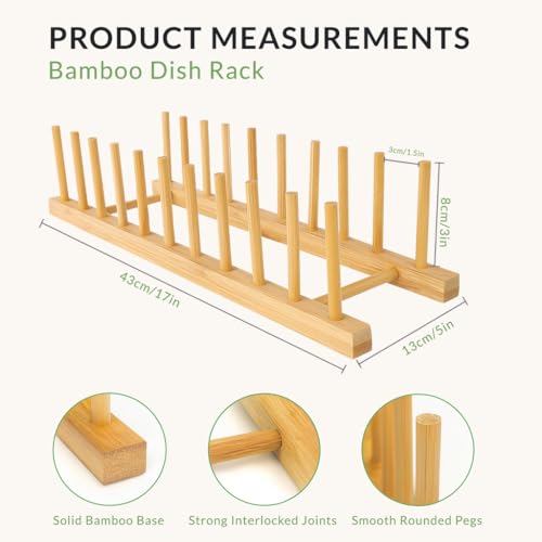 Image of HOMEZE Bamboo Wooden Dish Rack & Book Organizer | 10-Slot Plate Stand Holder for Plates, Lids, Cutting Boards & Pans| Multipurpose Wooden Storage Rack for Kitchen Countertop & Cabinet Organization