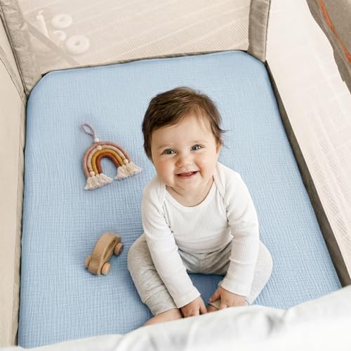 Image of Muslin Pack and Play Sheet, 100% Cotton Playard Sheet (42 inchx24 inch), Breathable & Soft Mattress Pad Cover, Boho Blue for Boys(1 Pack)