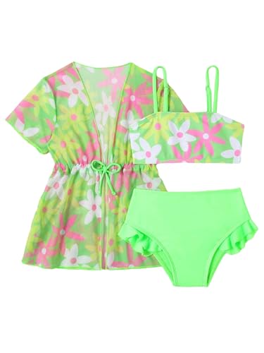 Kids Girls 2 Pcs Bathing Suits Chiffon Drawstring Kimono Wrap with Bikini Sets Swimsuits