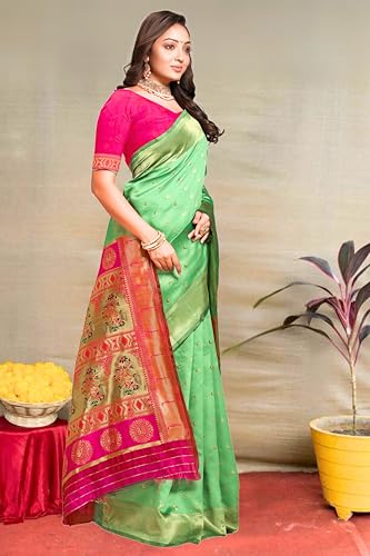 Image of C J Enterprise Women's Pure Kanjivaram Silk Saree Paithani Soft Wedding Sarees With Blouse Piece (Chand paithani)