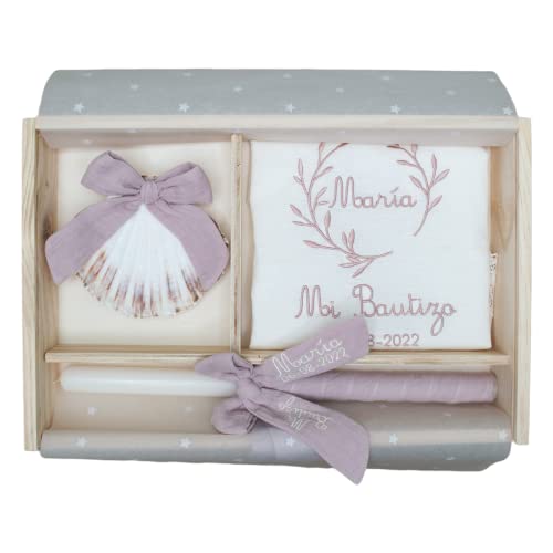 Kit de luxo personalizado para batizado, conjunto de vela, lenço e concha bordados, caixa de madeira gravada com nome e data do batismo - modelo bambu (rosa maquilhagem)