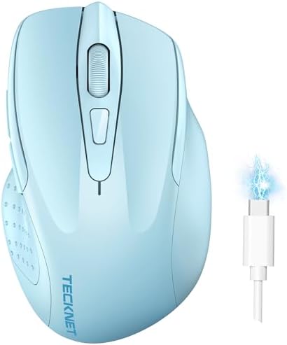 TECKNET Bluetooth Maus, Wiederaufladbare Maus Kabellos(BT 5.0/3.0 + 2.4G) | DREI Modi, 4800 DPI, Ergonomische Leise Funkmaus für Laptops, Mac OS, Android, Windows, Himmelblau