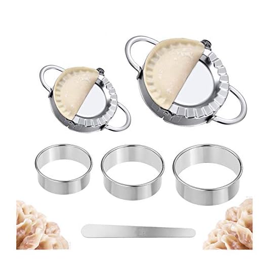 Dumplings Maker, 2pcs Stainless Steel Dumpling Mold and 3pcs Dough Ravioli Skin Press Cutter, 1pcs Stuffing Spoon-Empanadas Press Pie Mold Chinese Dumpling Pierogi Cutter Wrappers Pastry Making Tools