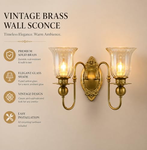 Image of Italian Wall Light, Double Golden Glass Shade, European Antique Brass Finish Lamp for Bedroom, Living Room, Drawing Room, Lobby, Hall, Room Decortion, Cafe, Hotel with Filament Bulb, Gold