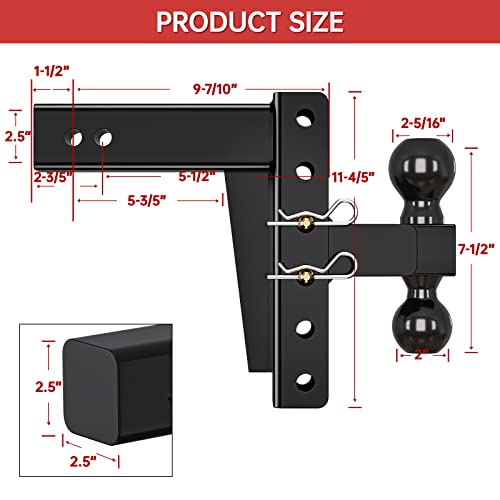 Ifoka Adjustable Trailer Hitch, Fits 2.5 Inch Receiver, 8 Inch Drop Hitch Ball Mount, Tow Hitch For Heavy Duty Truck With Lock Pins, Solid Shank (Black) #TOP4