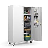 VINGLI Upgraded Wide & Deep Garage Storage Cabinet, Metal Storage Cabinet with Pegboards, Wheels, Locking Doors and Adjustable Shelves (Gray, 43''W x 20''D x 72''H)