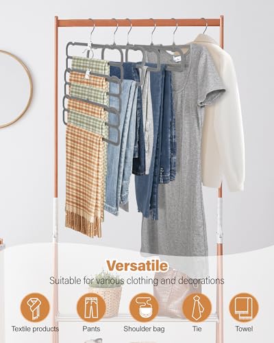 Image of 10 Pack Velvet Pants Hangers Space Saving, Non Slip 2-Layer Hanger (Grey) | Heavy Duty Flocked Trouser Hangers,pants organizer for closet with Swivel Hook, Felt Jean Hangers for Women and Men