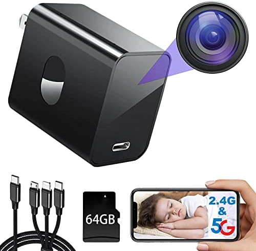 4K Spy Camera Hidden Camera with SD Card (64G), 2.4G&5GHz WiFi Mini Camera, Nanny Cam Hidden Camera with Human Detection, Night Vision, 160°Wide View-Angle, Type C Spy Camera Charger for Home Security