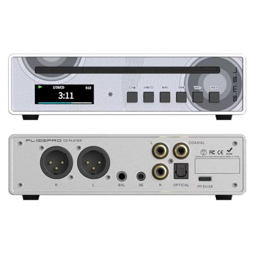 SMSL PL100PRO CD Player with Dual CS43131 DAC XLR Balanced & RCA Outputs, 3.5mm/4.4mm Headphone Amp, Optical/Coaxial MQA Decoding CD Transport Desktop Audiophile CD Player for Home Audio,Car (Silver)