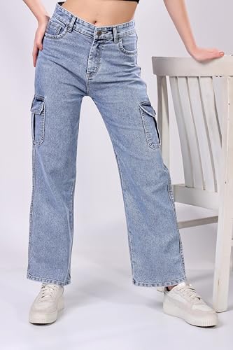 Image of London Hills Women's Relaxed Fit Mid Rise Cargo Jeans for Woman | Baggy Jeans for Woman | Baggy Pant | Cargo Pants for Women | Black | Blue | Jins | Pockets