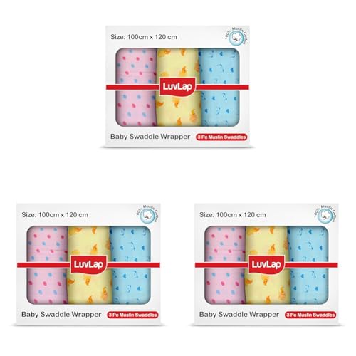 Image of LuvLap 100% Cotton Muslin Baby Swaddle Set, Baby Towel, Size-120cm x 100cm (47 inchx39 inch), Dots Hearts Print, 0-18 Month+, Printed Mulmal Muslin Swaddle Wrap for New Born, Pack of 9