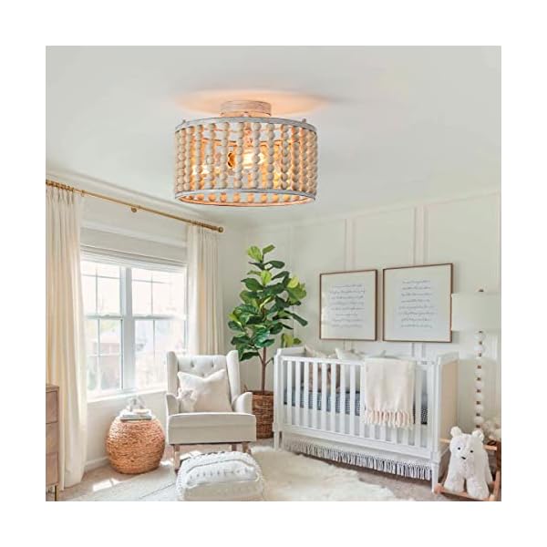 tewei Wood Beaded Boho Chandelier Light Fixture, Semi Flush Mount Ceiling Light 3-Light Rustic Nursery Close to Ceiling Light for Bedroom Kitchen, Living Room, Oak White, E26 Base - Image 3