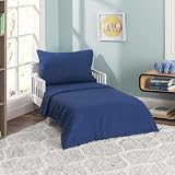 EVERYDAY KIDS 4 Piece Toddler Bedding Set - Includes Comforter, Flat Sheet, Fitted Sheet and Reversible Pillowcase - Solid Navy
