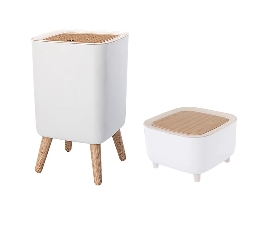 Image of WanWanKa Trash can 2.6 Gallon，Dsektop Garbage can 0.5 Gallon (2 Pieces) Mini Trash can with Press top Lid, Nordic Modern Waste Basket, Office, Outdoor，Dog Proof Trash can(White)