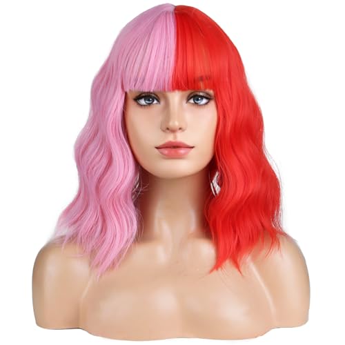 BERON 14 Inches Half Pink Half Red Wig with Bangs Short Curly Wig Pink Red Split Curly Wigs for Women Daily Party or Cosplay Hairnet Include