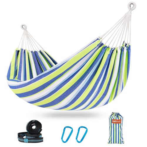Lazy Daze Hammocks Double Brazilian Cotton Hammock, Extra Large Portable Outdoor Camping Hammock with Tree Straps & Travel Bag for Backyard Patio Poolside Indoor, 550lbs Capacity, Blue & Lig